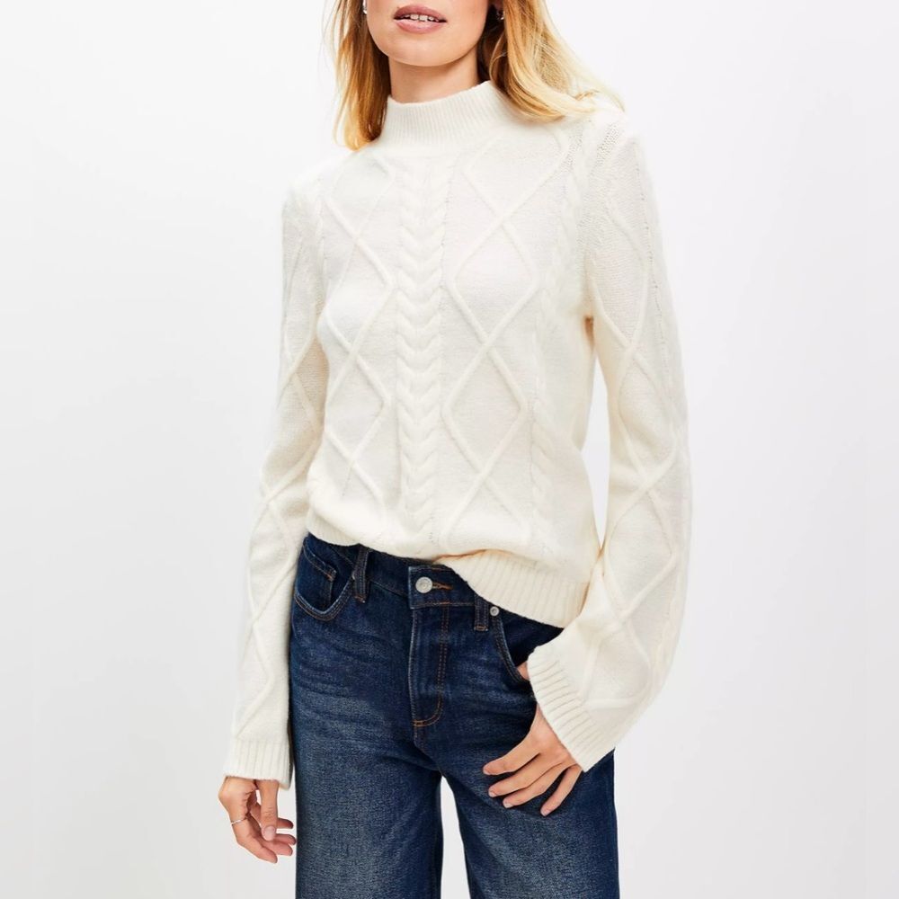 NWT Loft Mock Neck Cable Sweater in Whisper White Size XL